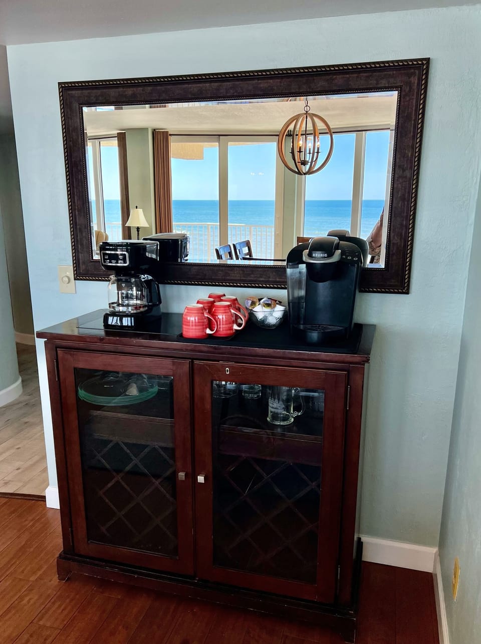 Coffee station with Keurig and drip coffee makers.