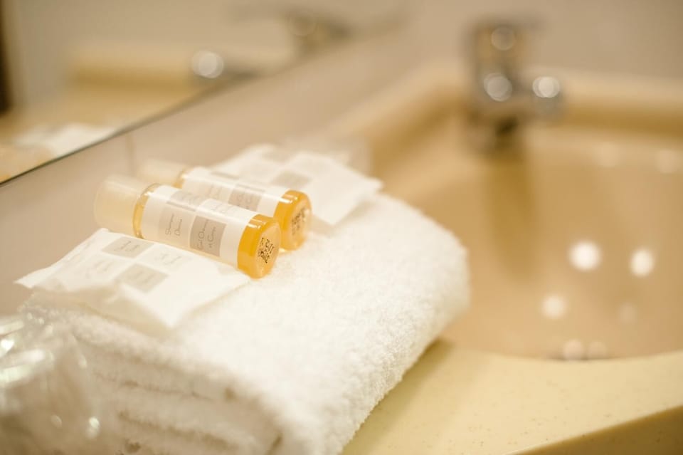 Shower, free toiletries, hair dryer, towels