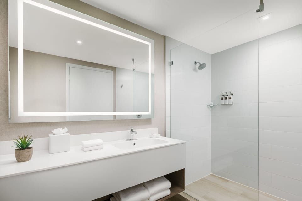 Shower, eco-friendly toiletries, hair dryer, bathrobes