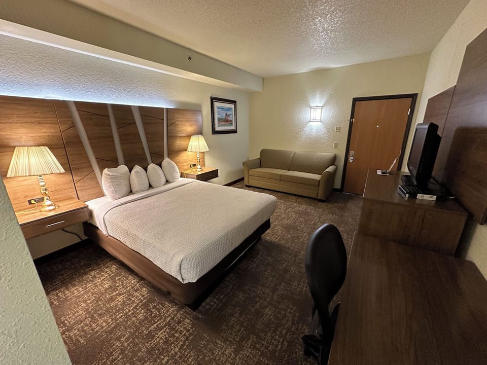 Hypo-allergenic bedding, desk, blackout drapes, soundproofing