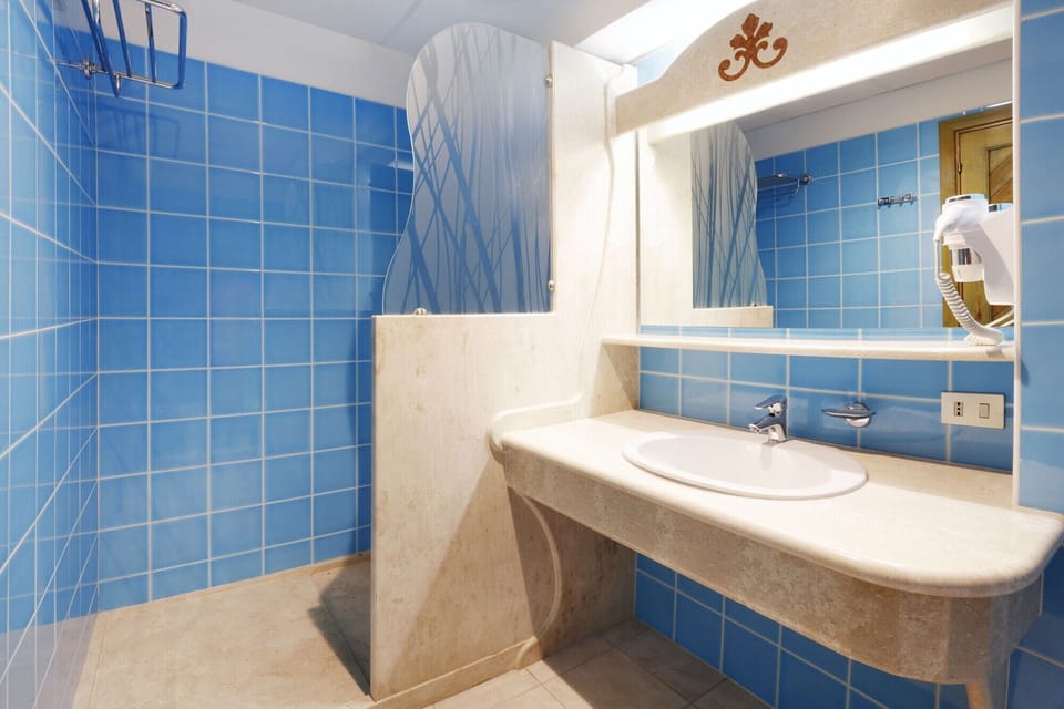 Shower, rainfall showerhead, free toiletries, hair dryer