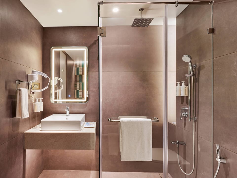 Deluxe Room | Bathroom | Separate tub and shower, rainfall showerhead, free toiletries