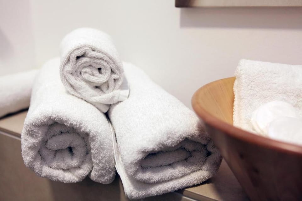 Hair dryer, towels, soap, shampoo