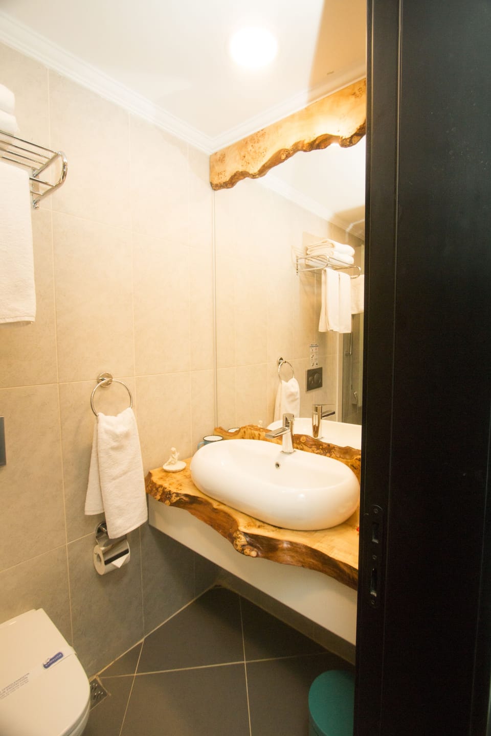 Hydromassage showerhead, free toiletries, hair dryer, slippers