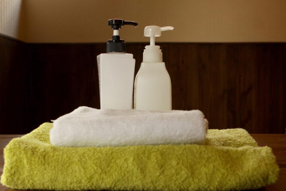 Combined shower/tub, free toiletries, hair dryer, slippers