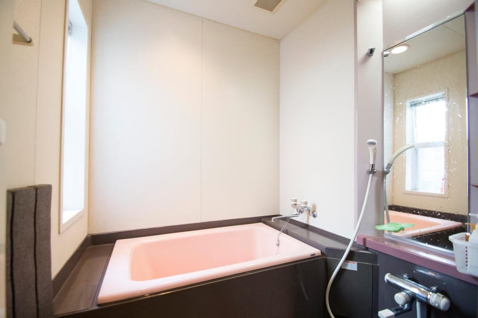 Combined shower/tub, free toiletries, hair dryer, slippers