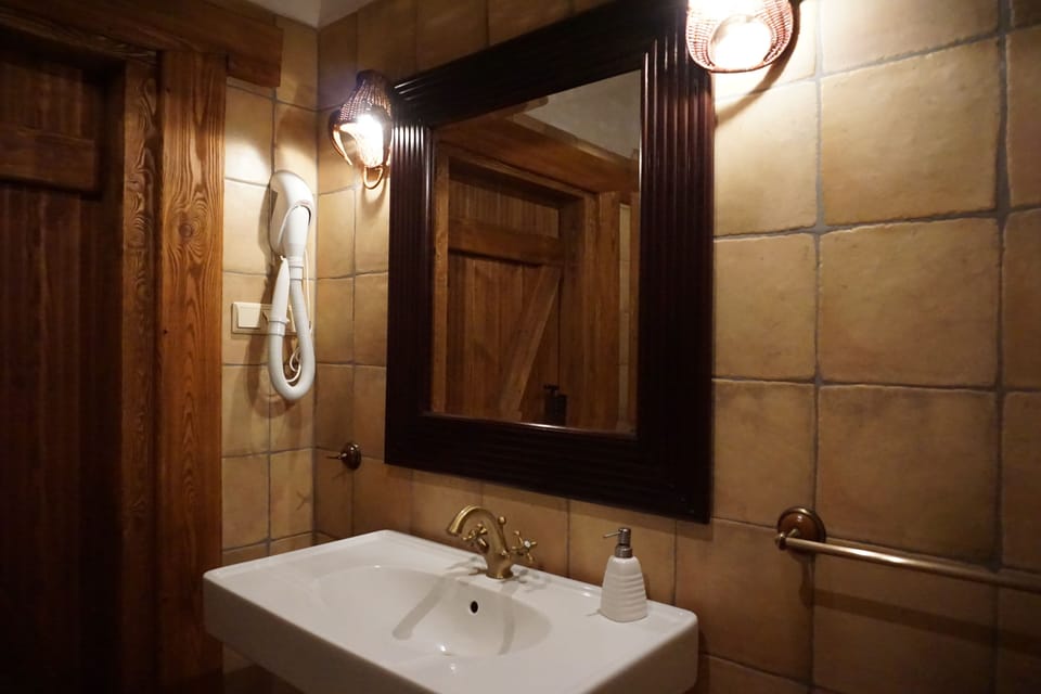 Grand Double Room | Bathroom | Shower, hair dryer, towels