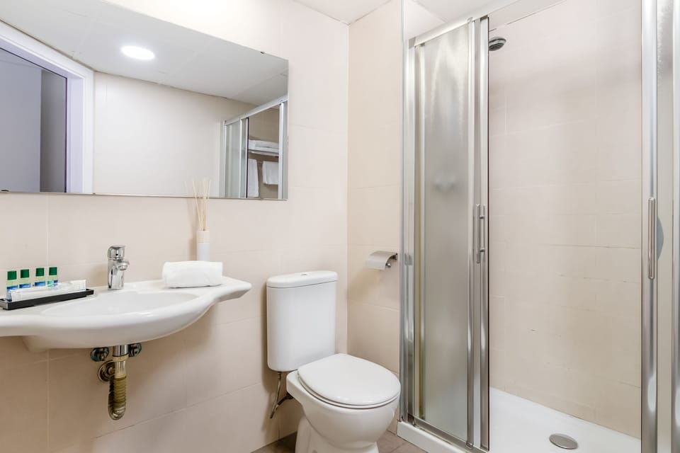 Shower, free toiletries, hair dryer, towels