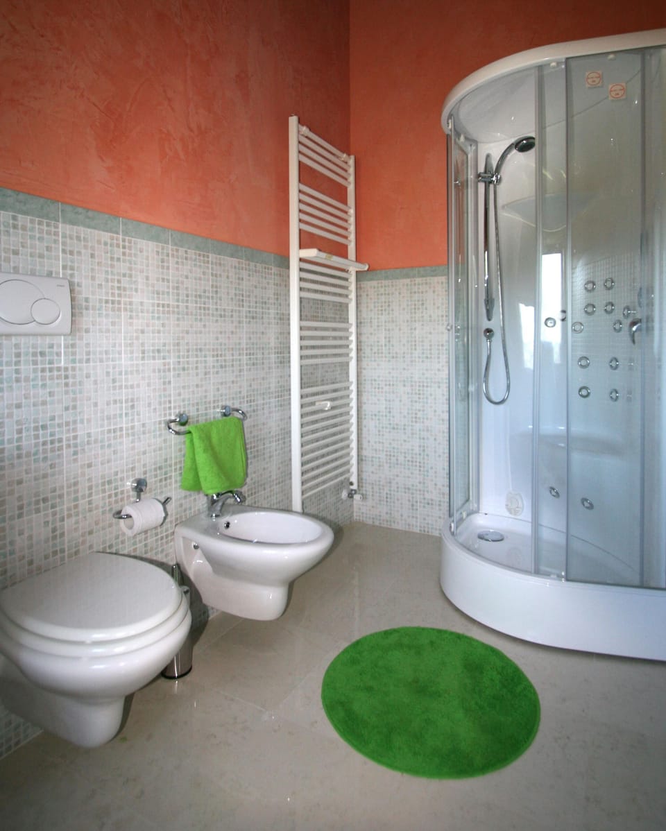 Shower, hydromassage showerhead, free toiletries, hair dryer