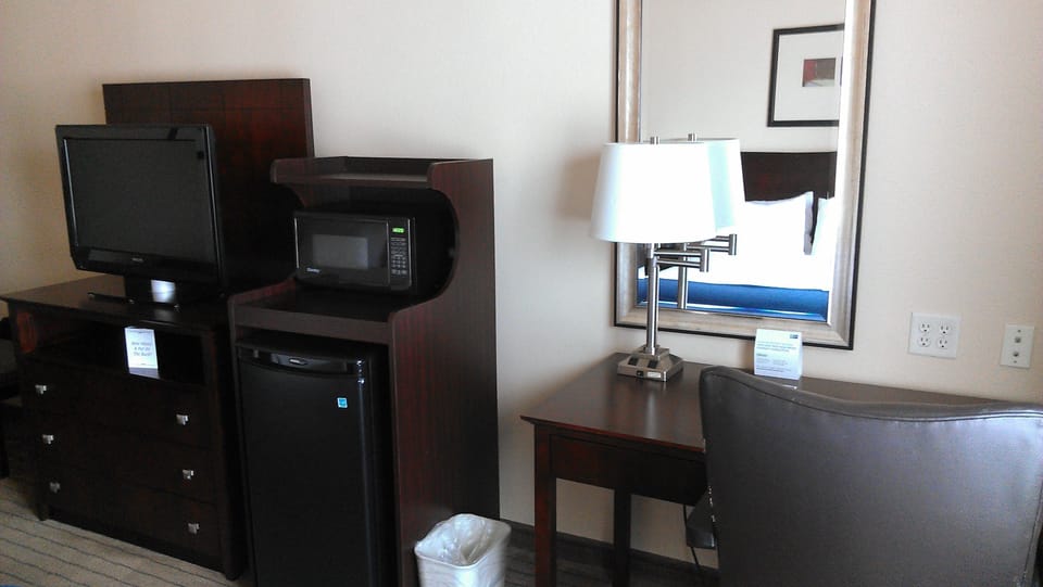 In-room safe, desk, iron/ironing board, cribs (free)