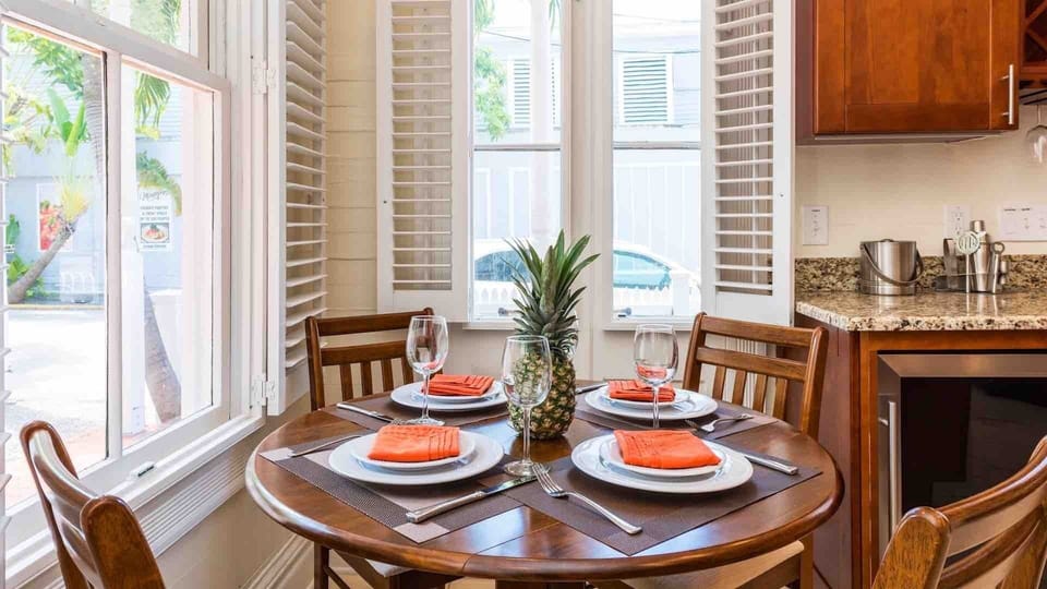 The indoor dining table seats four...