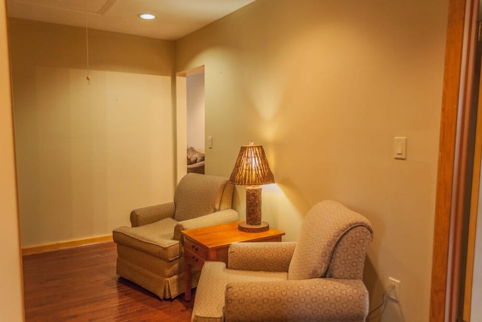 Living space with two cozy couches and elegant lampshade