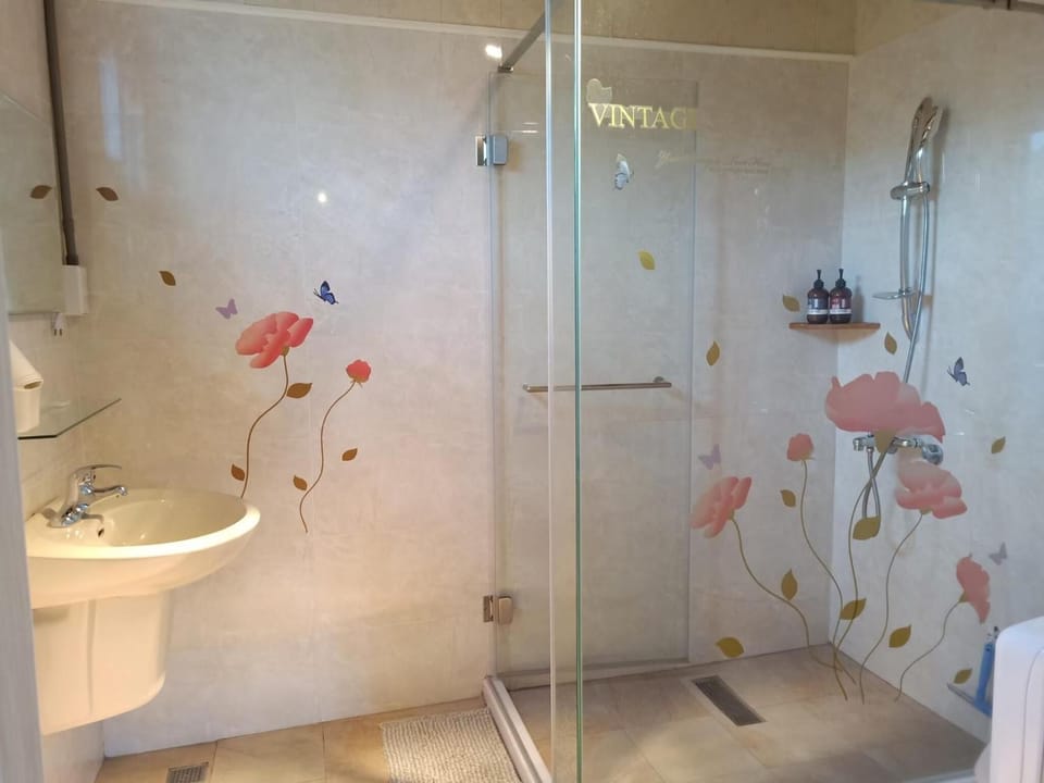 Shower, free toiletries, slippers, towels