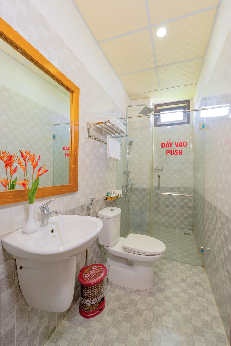 Shower, hydromassage showerhead, designer toiletries, hair dryer