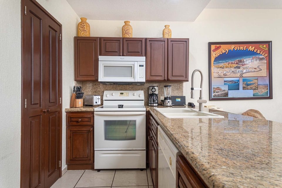 The kitchen is open and complete