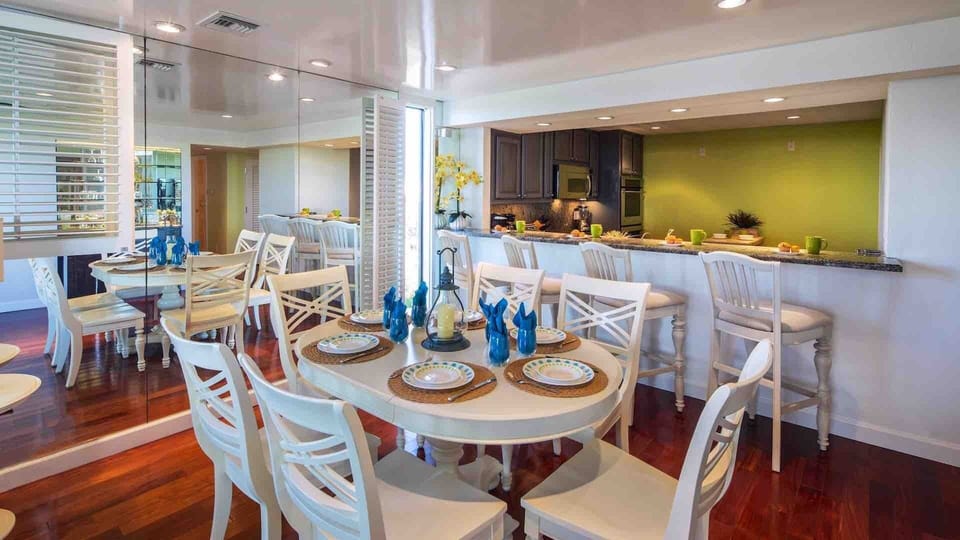 The dining table seats six comfortably...