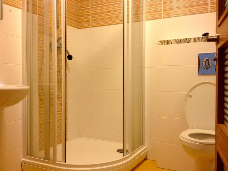 Shower, free toiletries, hair dryer, towels