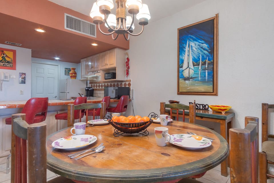 Dining table that seats four.