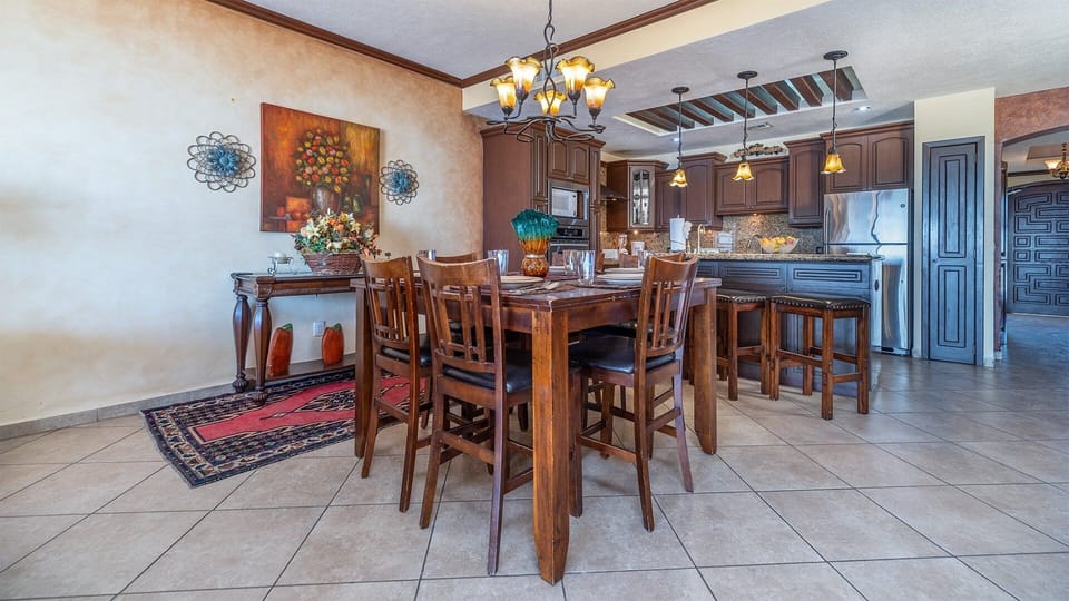 Raised dining table for six.