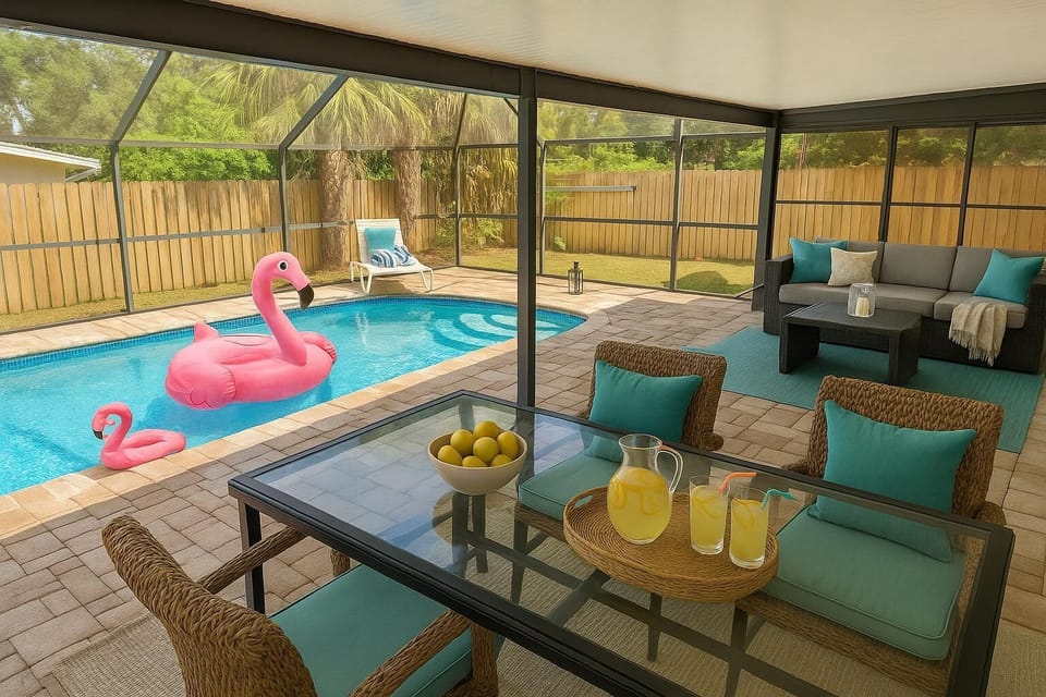 Screened patio with cozy seating and private pool