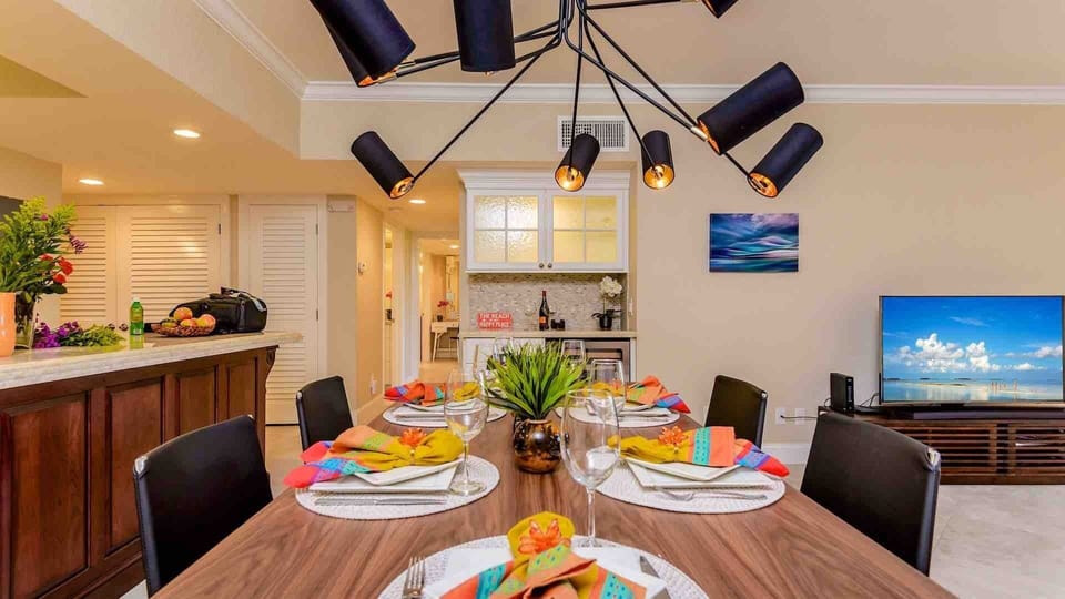 Enjoy a meal inside or out at one of the two dining tables...