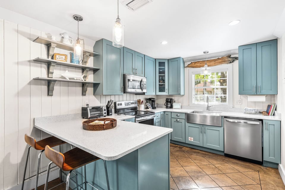 Fully Stocked Kitchen with Stainless Steel Appliances, Cambria Quartz Countertops,  Cookware & Kitchenware, & Breakfast Bar