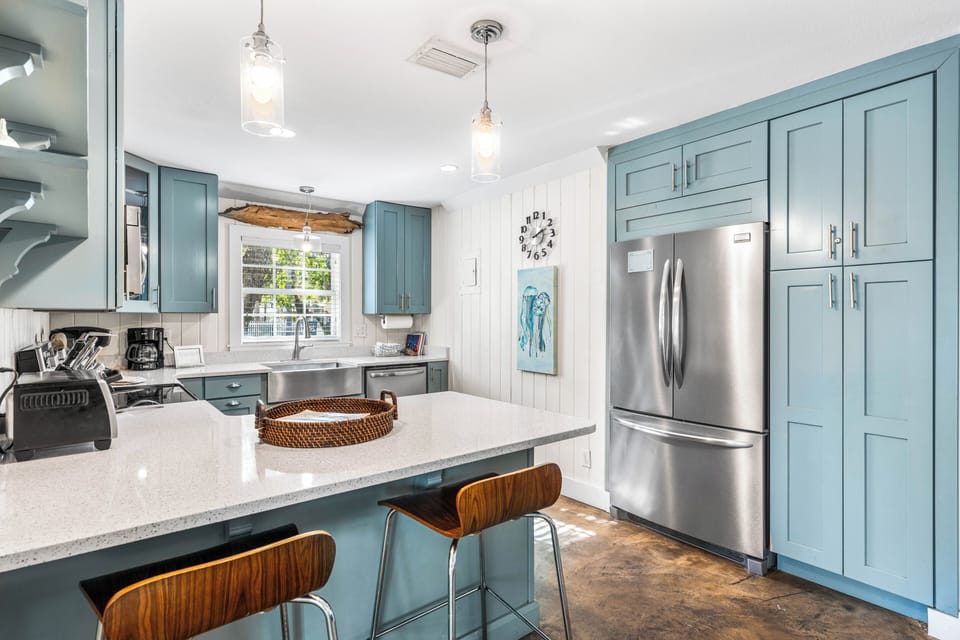 Fully Stocked Kitchen with Stainless Steel Appliances, Cambria Quartz Countertops,  Cookware & Kitchenware, & Breakfast Bar