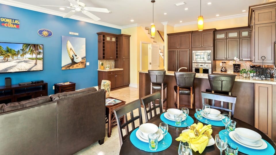There's additional seating for three at the kitchen bar...