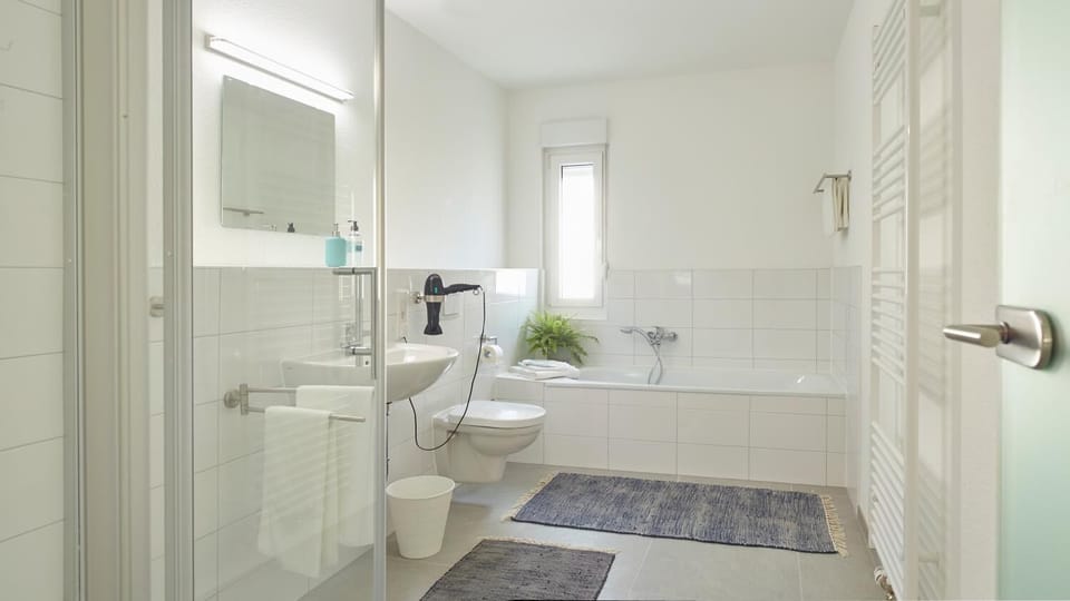 Shower, free toiletries, hair dryer, towels