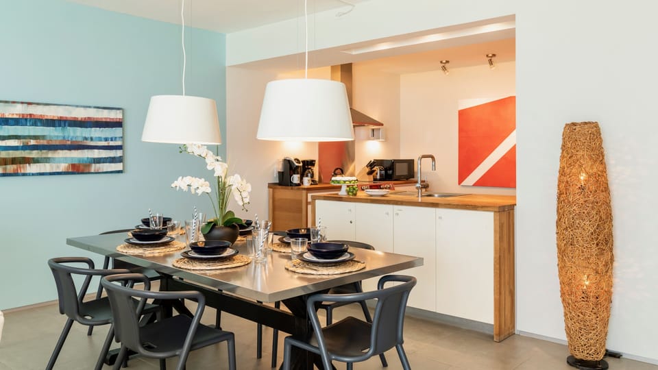 The indoor dining table seats six comfortably...