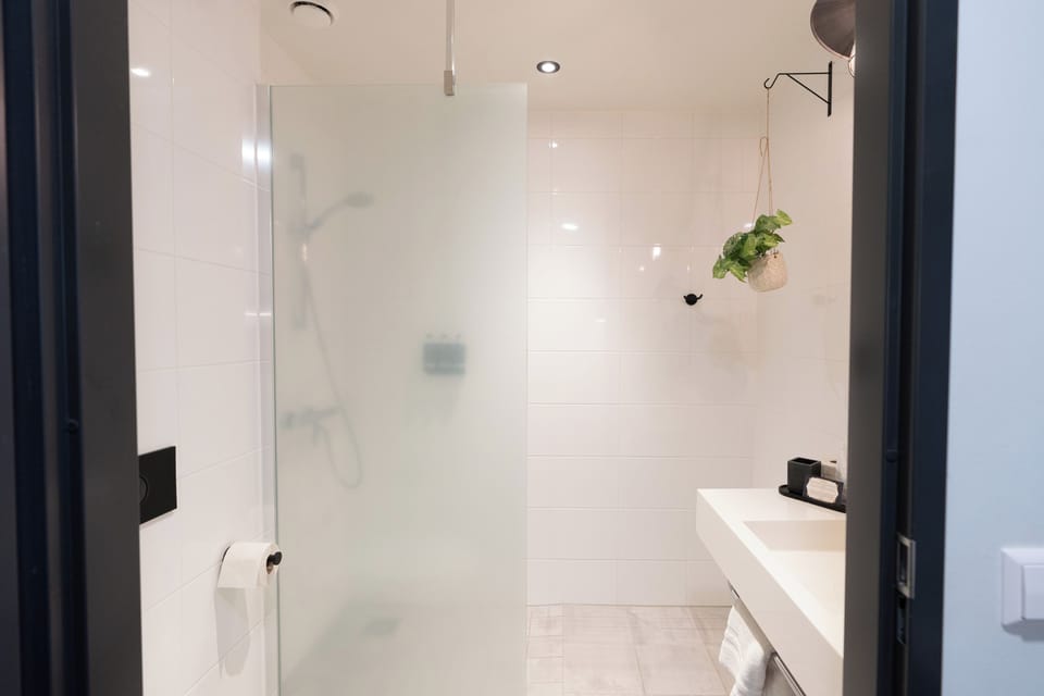 Shower, free toiletries, hair dryer, towels