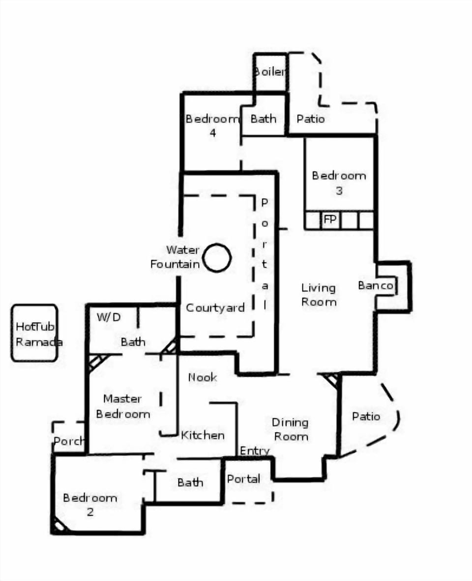 Floorplan showing distant split between the 4 bedrooms all diiviced by thick adobe walls