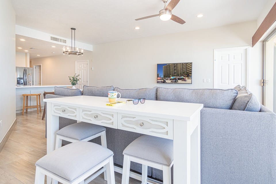 A casual desk in the living room makes the perfect spot to check emails, or do a little work on-line.