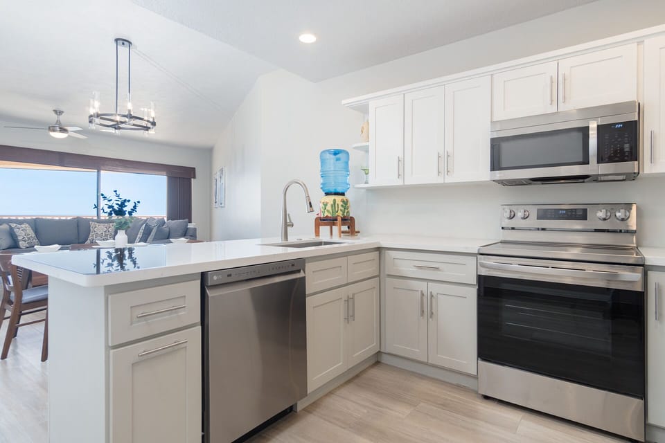 The kitchen is roomy, and completely ready to prepare any meal.