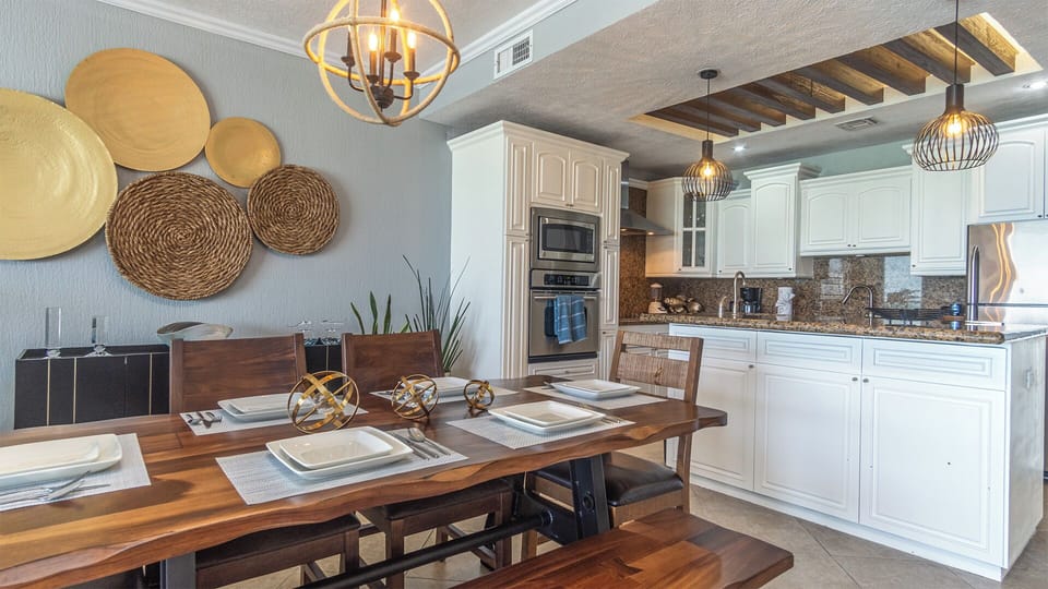 Dining area and kitchen together.