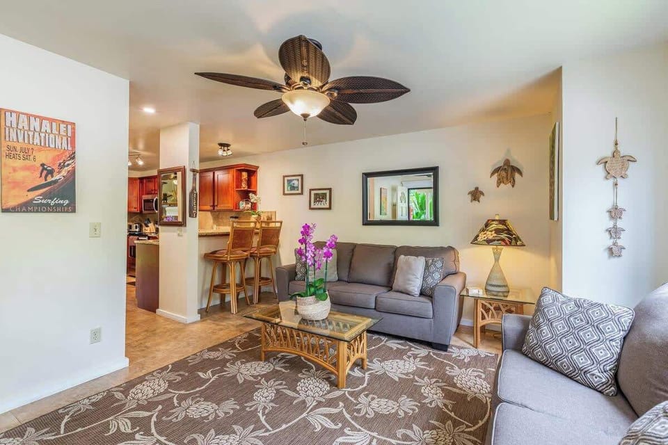 Living room located just off the kitchen