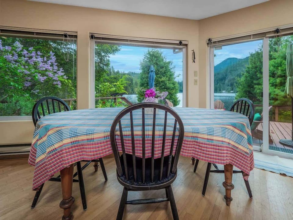 Open plan dining room with views. 