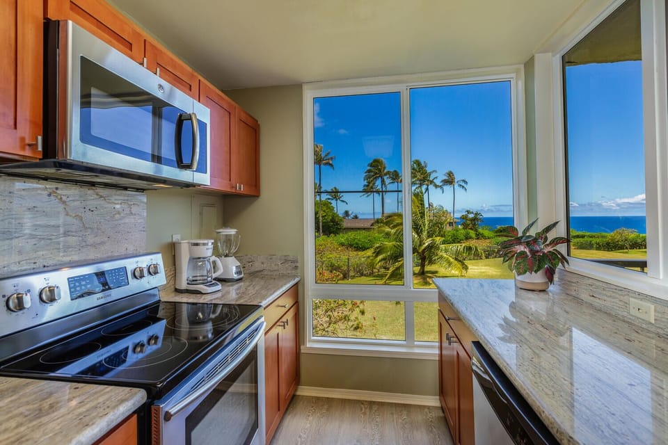 Kitchen has ocean view