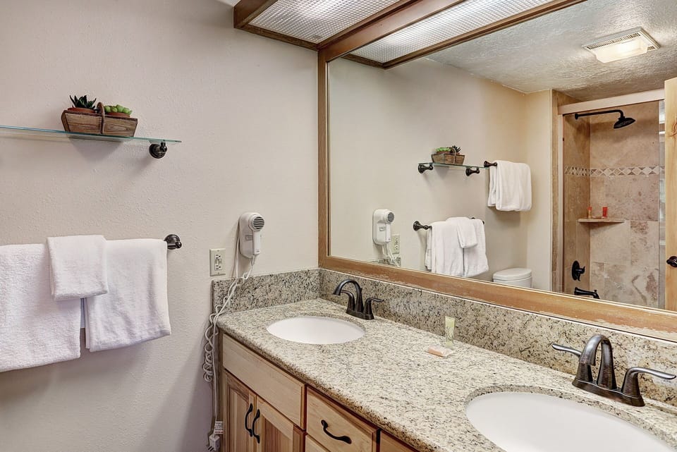 Bathroom with double sinks, granite countertop, a large mirror, and a wall-mounted hairdryer. Towels hang on racks, and a glass shelf with potted plants is above the towel rail. Shower in the background.