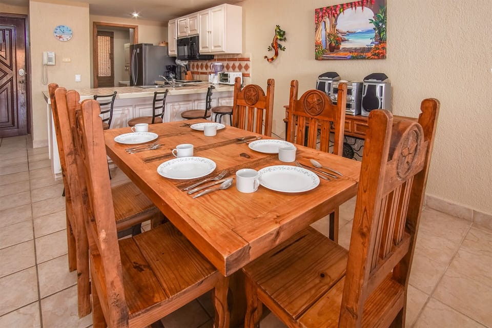Dining table seats six guests.