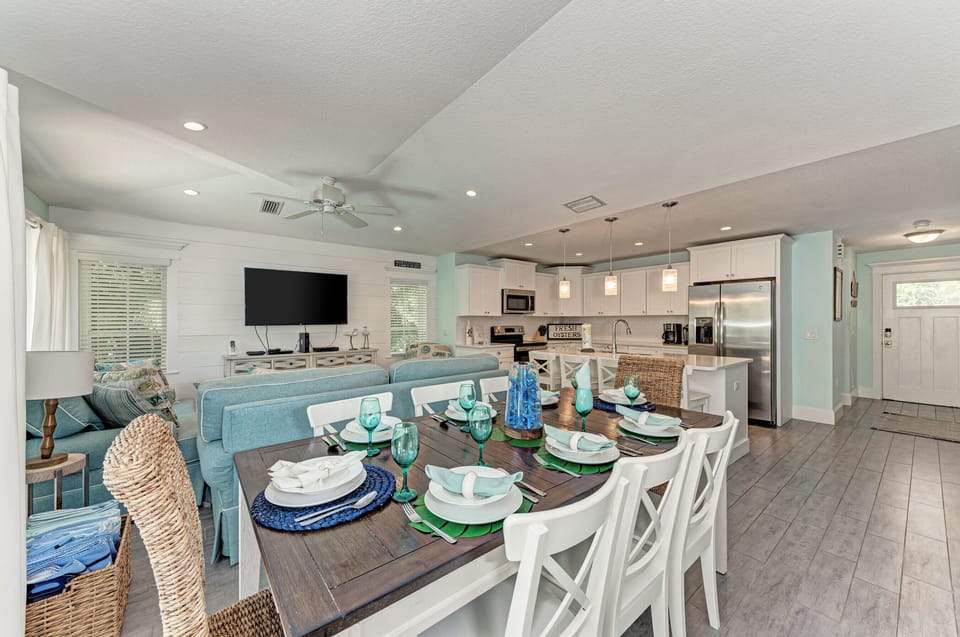 Dining, living, and kitchen area