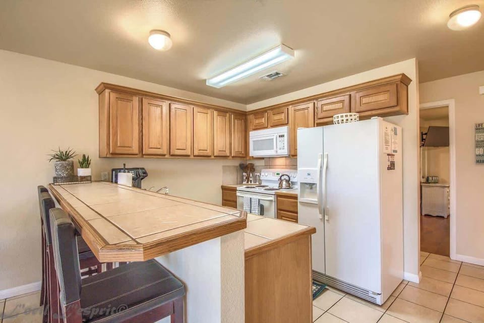 Kitchen with extra bar seating. 