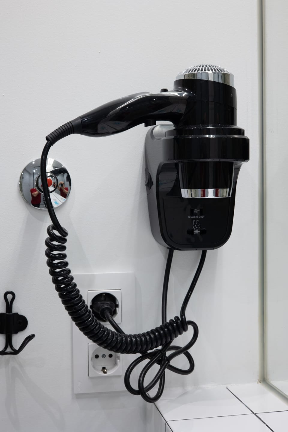 Shower, rainfall showerhead, designer toiletries, hair dryer