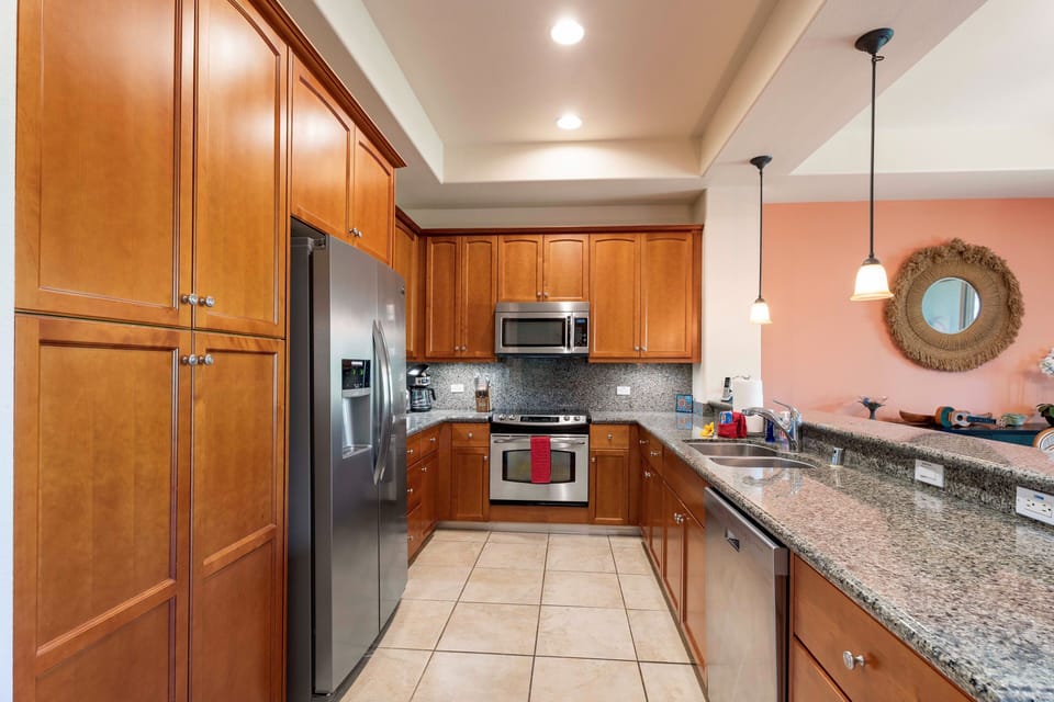 Well equipped gourmet kitchen with granite counters