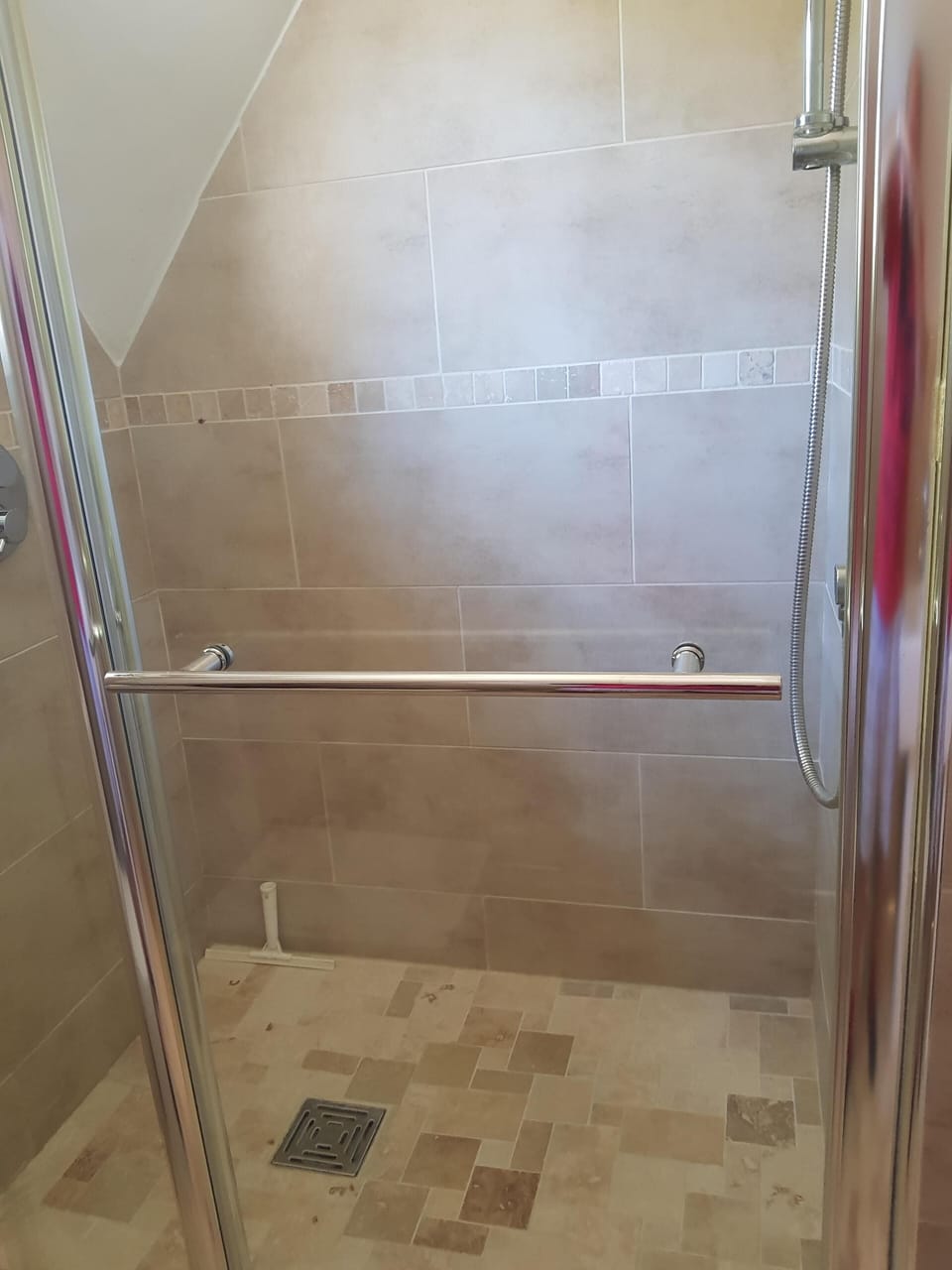 Large walk-in shower. Softened water