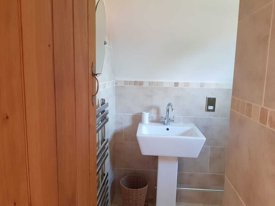 Shower room entrance with modern sanitary ware. Travertine floor