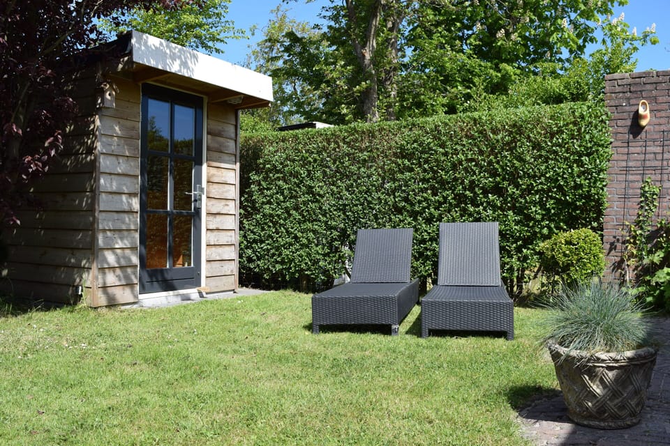 Lounge chairs in the sunny garden.