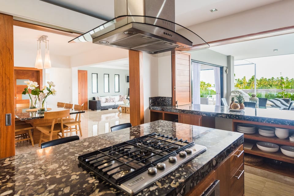 Kitchen overlooks the dinning and living room area..