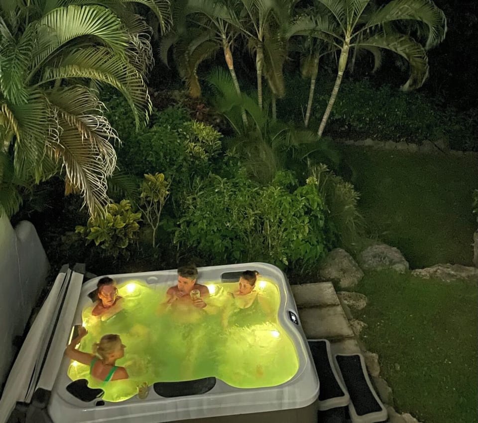 Hot tub in our garden at sunset