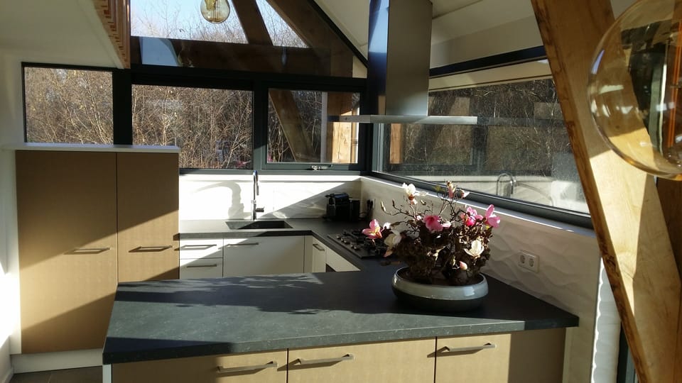 The spacious open kitchen is light flooded and has modern equipment